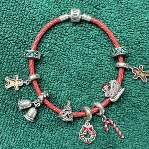 Pandora 8" Red Leather Bracelet with 9 Sterling Silver and Jeweled Charms